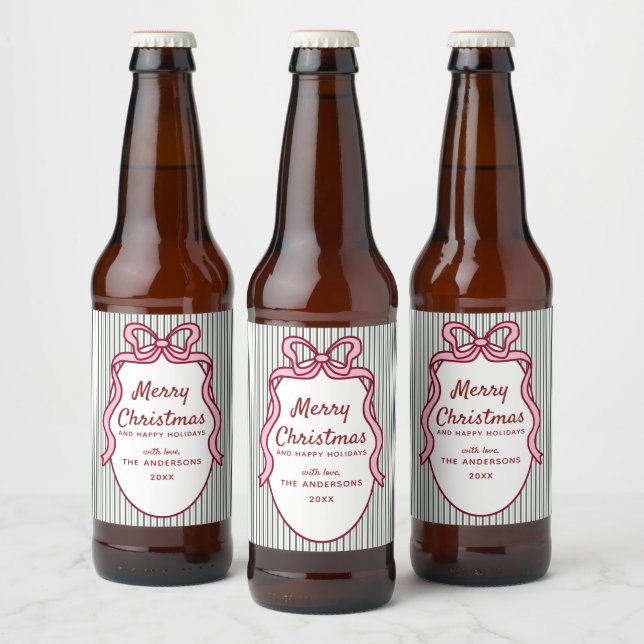 Klassiska mörkgröna ränder & rosa julslinga  ölflaska etikett (Flaskor)