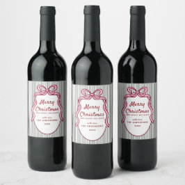 Klassiska mörkgröna ränder & rosa slinga jul vinflaska etikett