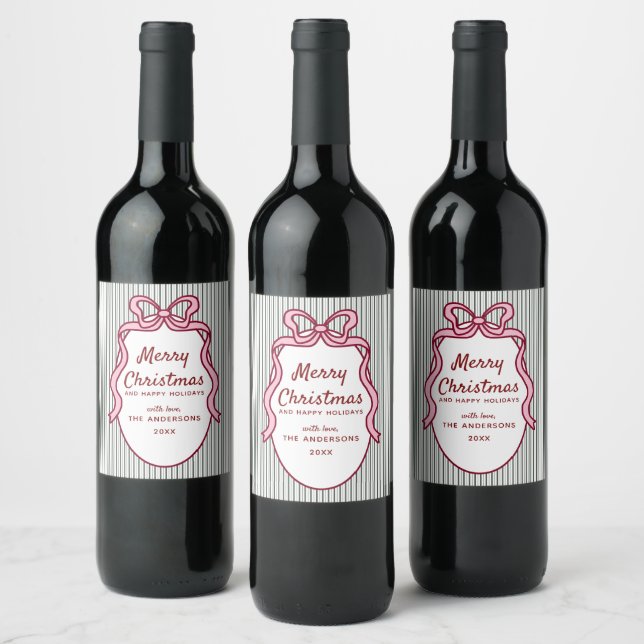 Klassiska mörkgröna ränder & rosa slinga jul vinflaska etikett (Flaskor)