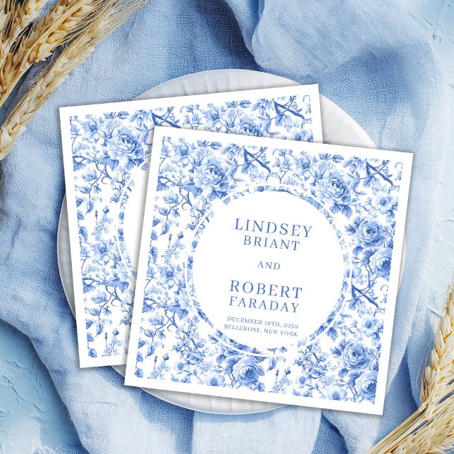 Klassiska Navy Blue Toile Rosor Anpassade Bröllops Pappersservett (Classic Navy Blue Toile Roses Custom Wedding Napkin

)