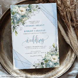 Klassiska Pastellblå Vita Silverrosor Bröllop Inbjudningar