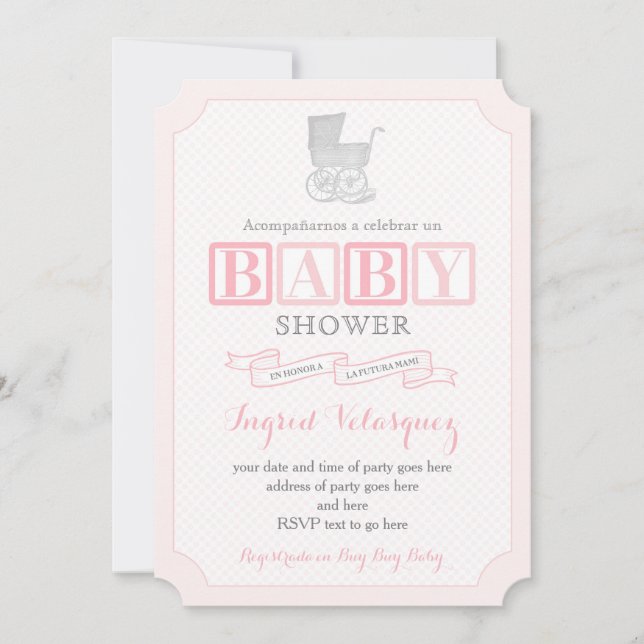 Klassiska Pram Girl Baby Shower-Inbjudningskort på Inbjudningar (Framsida)