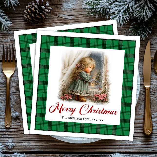 Klassiska röda gröna julscener skräddarsydda serve pappersservett (Classic Red Green Christmas Scene Custom Napkins)