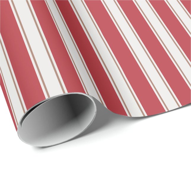 Klassiska röda, vita och mocha-muss-ränder presentpapper (Rullad Hörn)