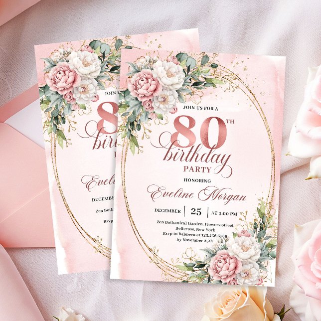 Klassiska Rosa Blommor Grönska 80-årsdag Inbjudningar (Classic Blush Pink Flowers Greenery 80th Invitation)