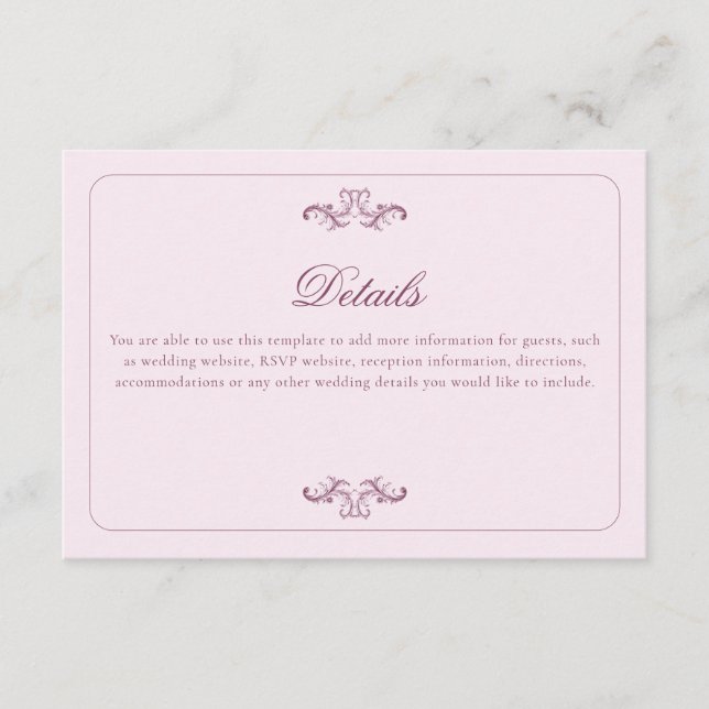 Klassiska rosa bröllopsdetaljer tilläggskort (Framsida)