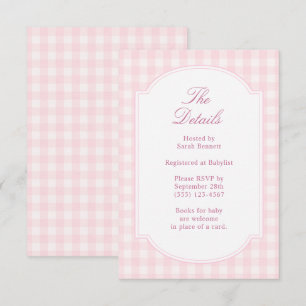 Klassiska Rosa Gingham Baby Shower-detaljer Tilläggskort