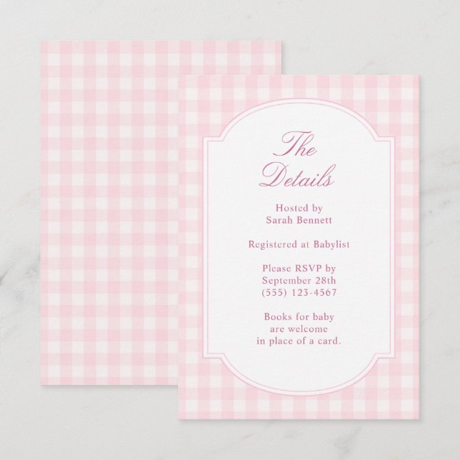 Klassiska Rosa Gingham Baby Shower-detaljer Tilläggskort (Fram/baksida)