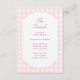 Klassiska Rosa Gingham Baby Shower-detaljer Tilläggskort