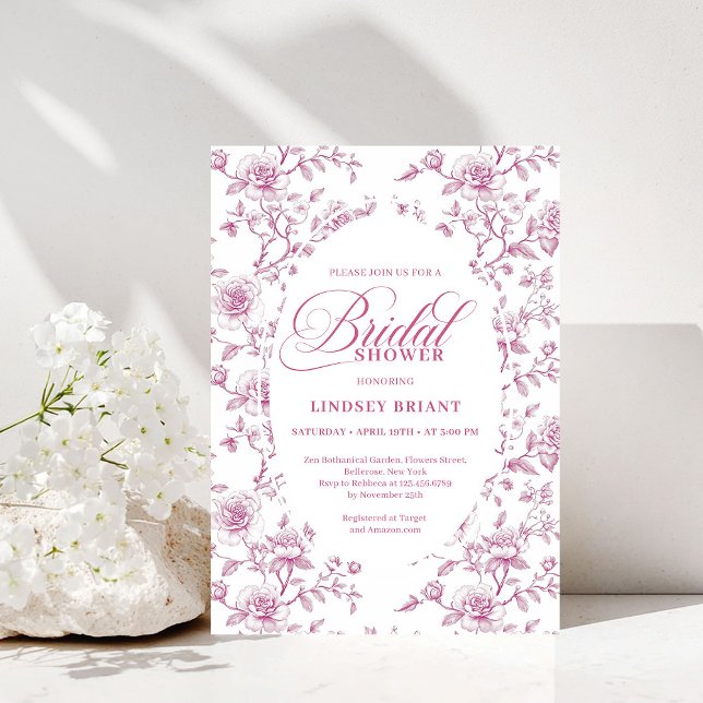 Klassiska rosa och vita rosor Toile Bröllopsdusch  Inbjudningar (Classic Pink and White Roses Toile Bridal Shower Invite)