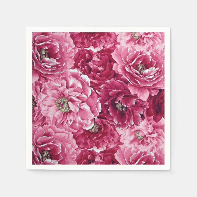 Klassiska Rosa Peonies Clusters | Blommigt Napkins Pappersservett (Framsidan)