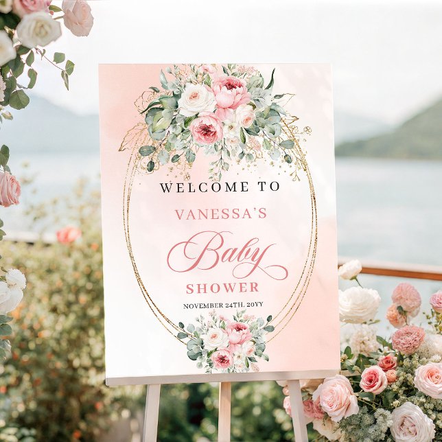 Klassiska rosor i rosafärgad nyans Eukalyptus Guld Poster (Classic Blush Roses Eucalyptus Gold Baby Shower Sign)