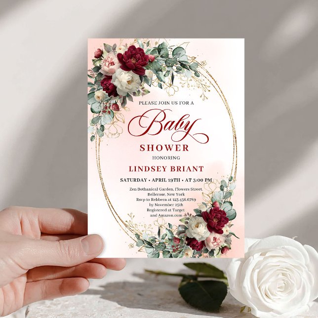 Klassiska Rustika Röda Peonys Guld Baby Shower Inbjudningar (Classic Rustic Burgundy Peonies Gold Baby Shower)