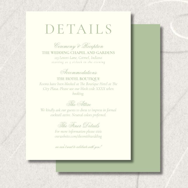 Klassiska Sagegröna Minimalistiska Bröllopsdetalje Tilläggskort (Classic Sage Green Minimalist Wedding Details Enclosure Card)