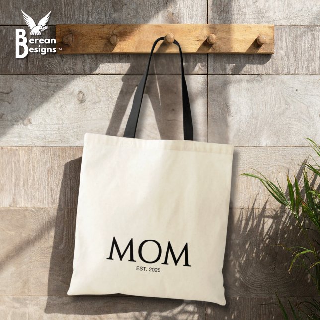 Klassiska Svarta Kepsar Mamma Grundad Tygkasse (MOM ESTABLISHED Budget Tote Bag with customizable year. Ideal gift for Mother's Day and mom groups.)