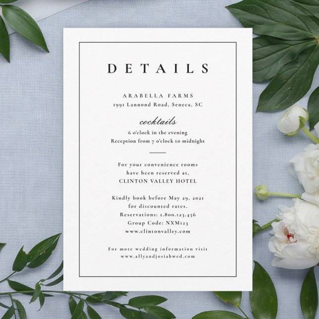 Klassiska svarta och vita bröllopsdetaljer bifogas (Simple Typographic Wedding Invitation Details Enclosure Card.)