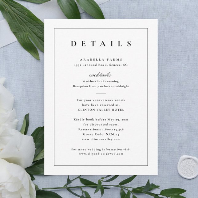 Klassiska svarta och vita bröllopsdetaljer bifogas inbjudningar (Elegant simple typography black and white wedding details enclosure cards.)