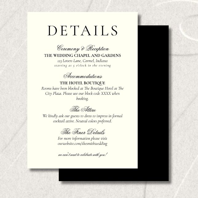 Klassiska svarta och vita minimalistiska bröllopsd tilläggskort (Classic Black and White Minimalist Wedding Details Enclosure Card)