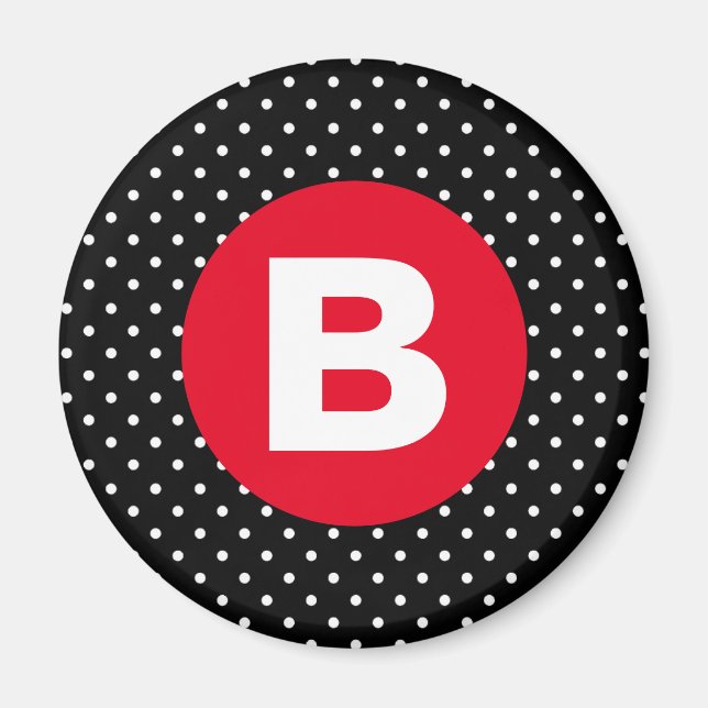 Klassiska svarta och vita prickar med röd monogram magnet (Framsidan)