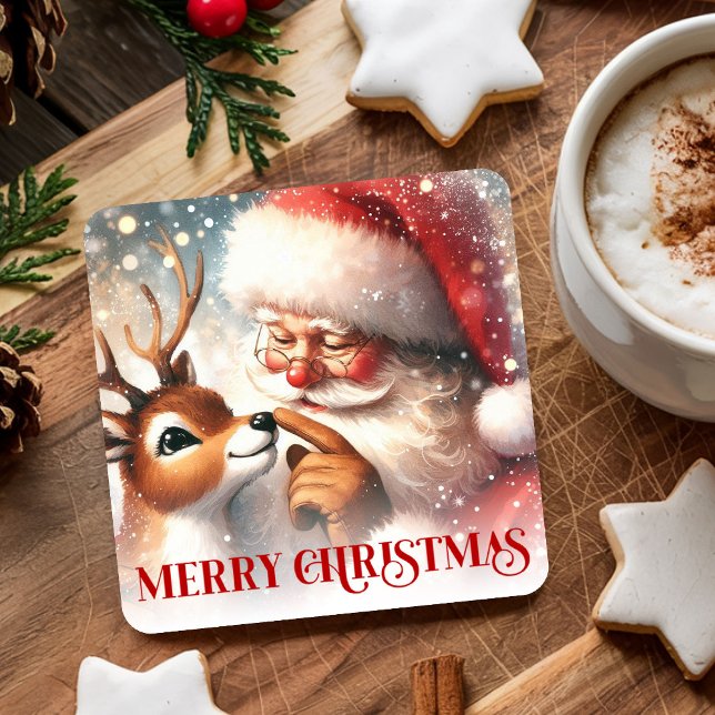 Klassiska Tomte och Rudolf Julunderlägg Underlägg Papper Kvadrat (Classic Santa Claus and Rudolph Festive Coasters)