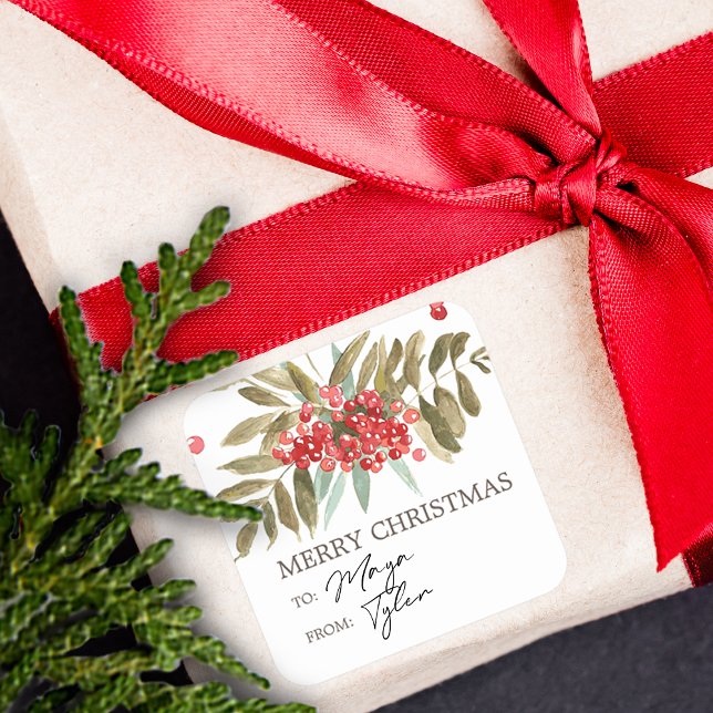 Klassiska vattenfärgade julbär fyrkantigt klistermärke (Classic Watercolor Christmas Berries Square Sticker)