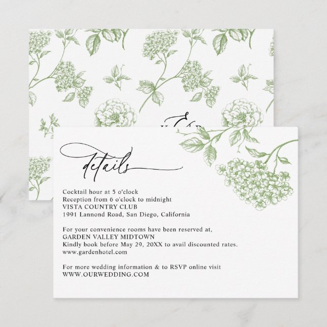 Klassiska viktorianska gröna blommande bröllopsdet tilläggskort (Fram/baksida)