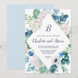 Klassiska vita blommor Diamond Monogram Bröllop Inbjudningar