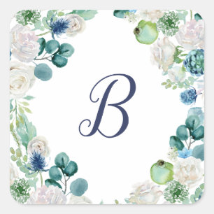 Klassiska vita blommor, monogram kuvertförseglinga fyrkantigt klistermärke