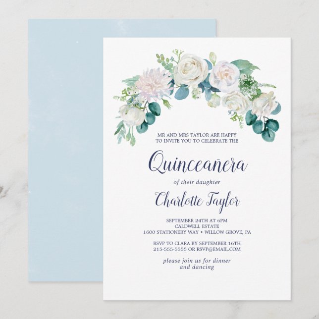 Klassiska vita blommor Quinceañera Inbjudningar (Fram/baksida)