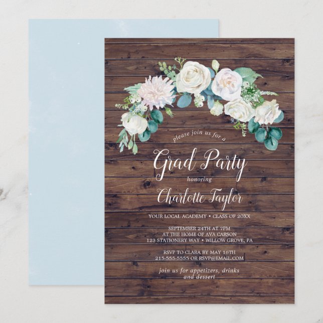 Klassiska vita blommor | Rustik Studentfest Inbjudningar (Fram/baksida)