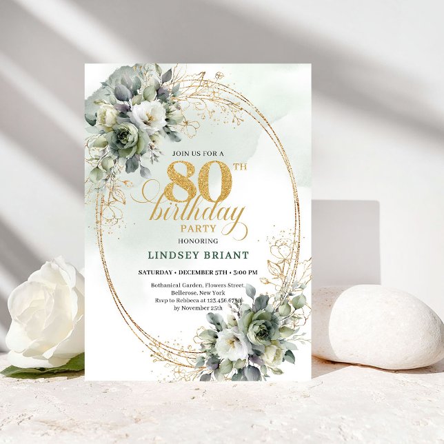 Klassiska vita rosor Eukalyptus 80-årsdag   Inbjudningar (Classic White Roses Eucalyptus 80th Birthday Invite)