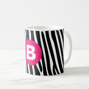 Klassiska zebrarandiga i ljust rosa monogram kaffemugg