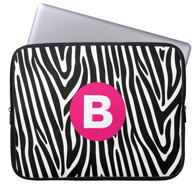 Klassiska zebrarandiga med ljusrosa monogram laptop fodral (Framsidan)