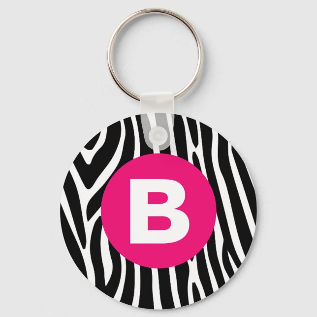 Klassiska zebrarandiga med ljusrosa monogram nyckelring (Framsida)
