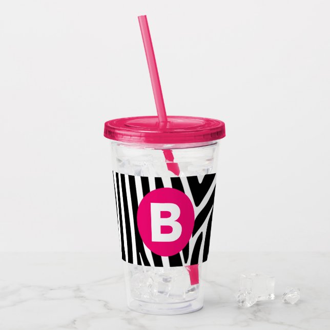 Klassiska zebrarandiga med ljusrosa monogram take away mugg (Framsida Ice)