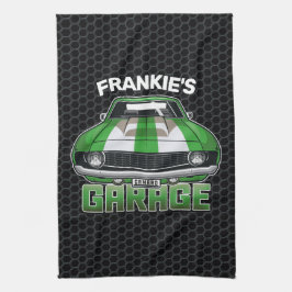 Klassiskt amerikanskt muskelbilsgarage kökshandduk