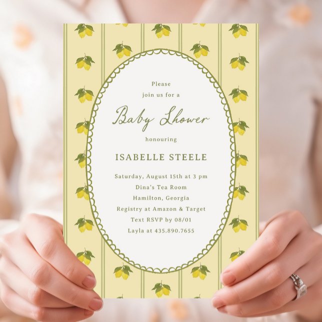 Klassiskt babybjudande med randigt citrummönster inbjudningar (classic lemon baby shower invitation)
