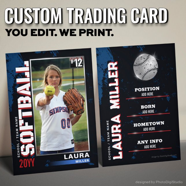 Klassiskt basket-spelarkort för programvaruhandel (Custom Softball Trading Card, USA Blue Red Player Card)