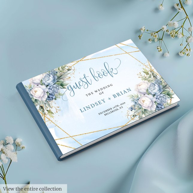 Klassiskt Blåa blommor Vita Guesten Guld Bröllop B Gästböcker (Classic Blue Flowers White Gold Wedding Guest Book

)