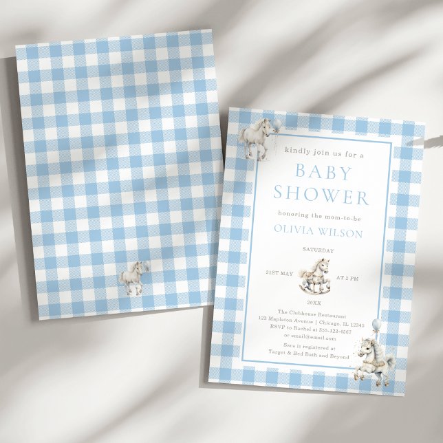 Klassiskt blåpunktshölje för Rocking Horse Pojke Inbjudningar (Classic Baby Boy Blue Plaid Watercolor Rocking Horse Baby Shower Invitation)