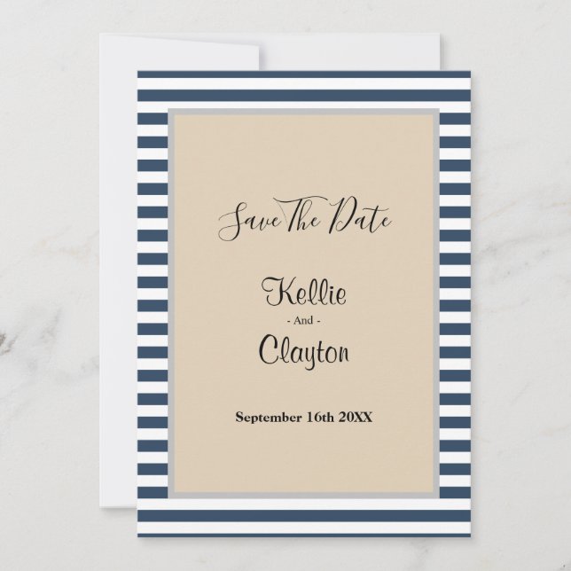 Klassiskt blårandigt vigselfestkort spara datumet (Framsida)