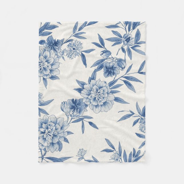 Klassiskt Blått Blommigt Toile Akvarellmönster Vit Fleecefilt (Framsidan)