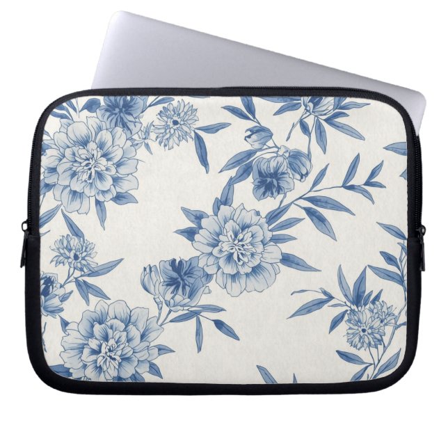 Klassiskt Blått Blommönster Toile Akvarell Mönster Laptop Fodral (Framsidan)
