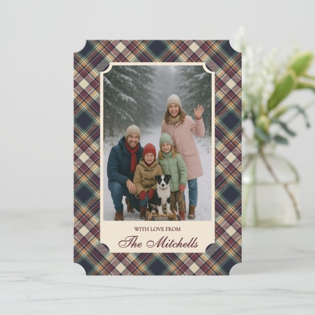 Klassiskt Blått Mörkgrönt Rött Rutigt Mönster Jul Julkort (Stående Fram)