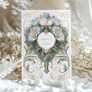 Klassiskt blått och Cream Art nouveau Bröllop Inbjudningar