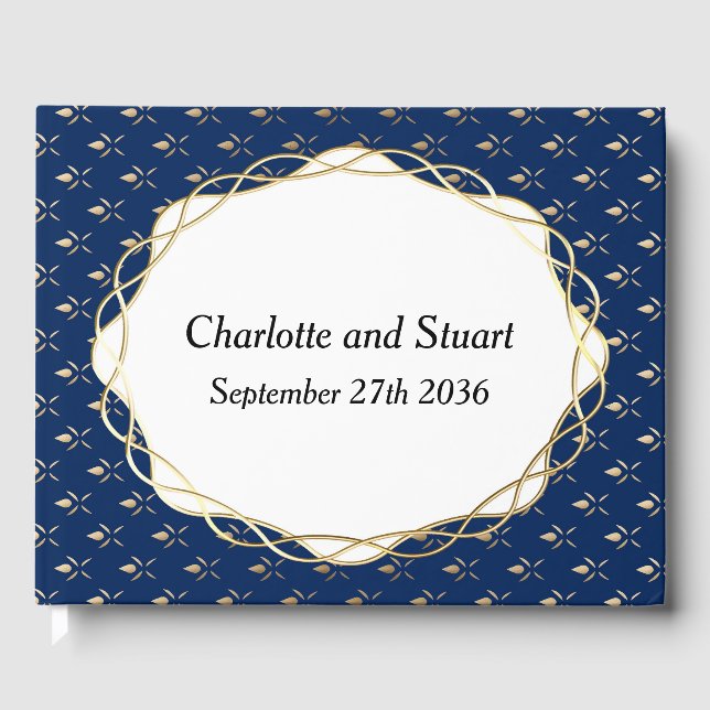 Klassiskt blått och Guld Bröllop Gästböcker (Framsida)