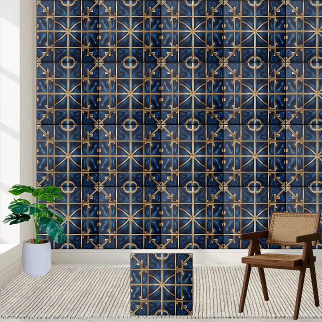Klassiskt blått och Guld grekiskt Mönster-plattan  Kakelplatta (Classic Blue and Gold Greek Key Pattern Tile)