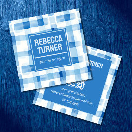Klassiskt Blått och Vitt Rutigt Gingham, QR-kod Fyrkantigt Visitkort