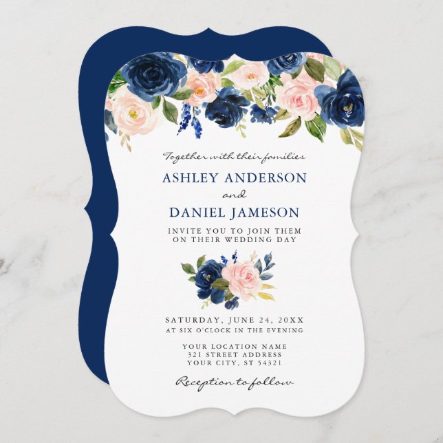 Klassiskt blått Rosa, vattenfärg, Blommigt Bröllop Inbjudningar (Fram/baksida)