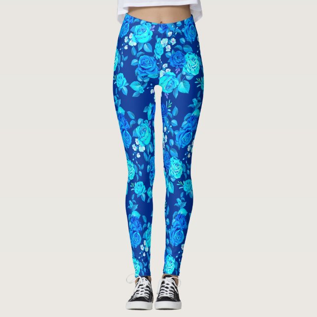 Klassiskt Blått Rosblommönster-87600 Leggings (Framsida)